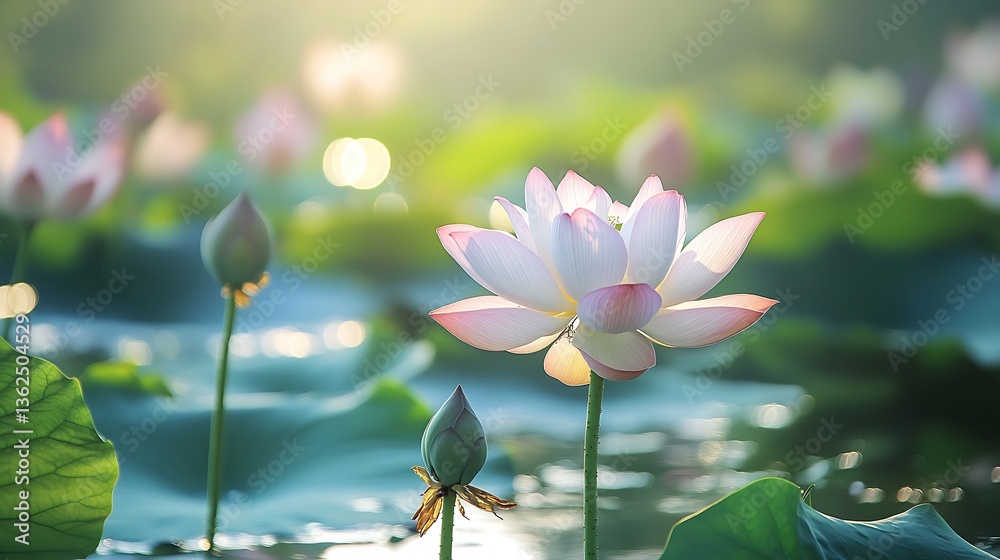 Obraz premium 朝露に輝く清らかな蓮の花