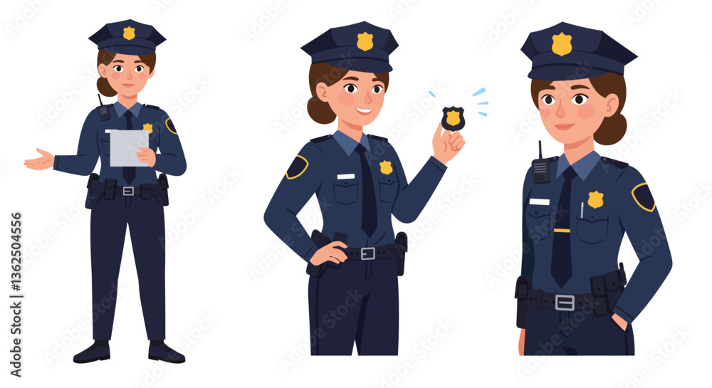 Police officer in three poses with flat design elements in vector art Police officer in three poses with flat design elements in vector art