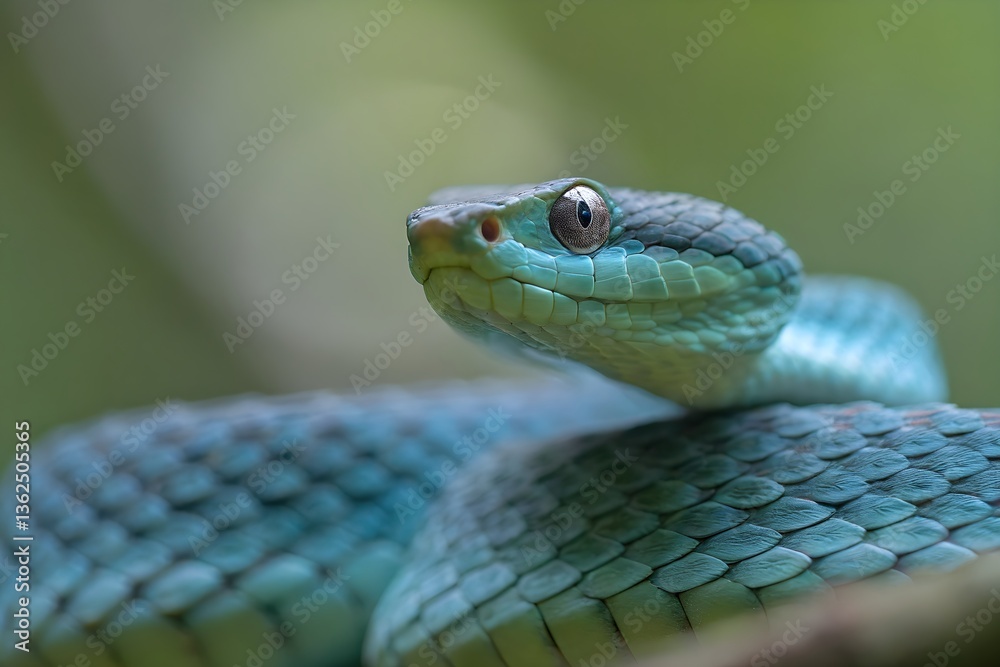 Fototapeta premium Blue viper snake closeup face, head of viper snake, Blue insularis, Trimeresurus Insularis, animal closeup, Indonesian viper snake