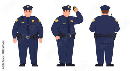 Police officer character design in flat style showcasing three unique poses vector illustration