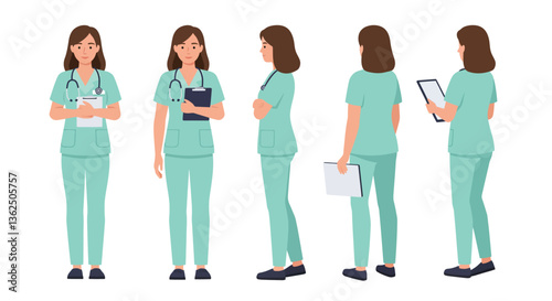Medical professional in various poses wearing scrubs detailed vector illustration