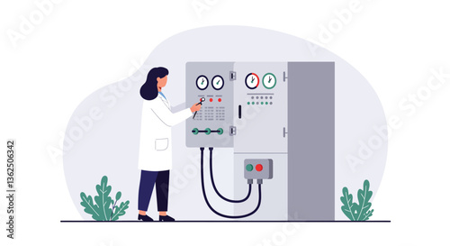 Scientist adjusting controls on a machine in flat vector art style