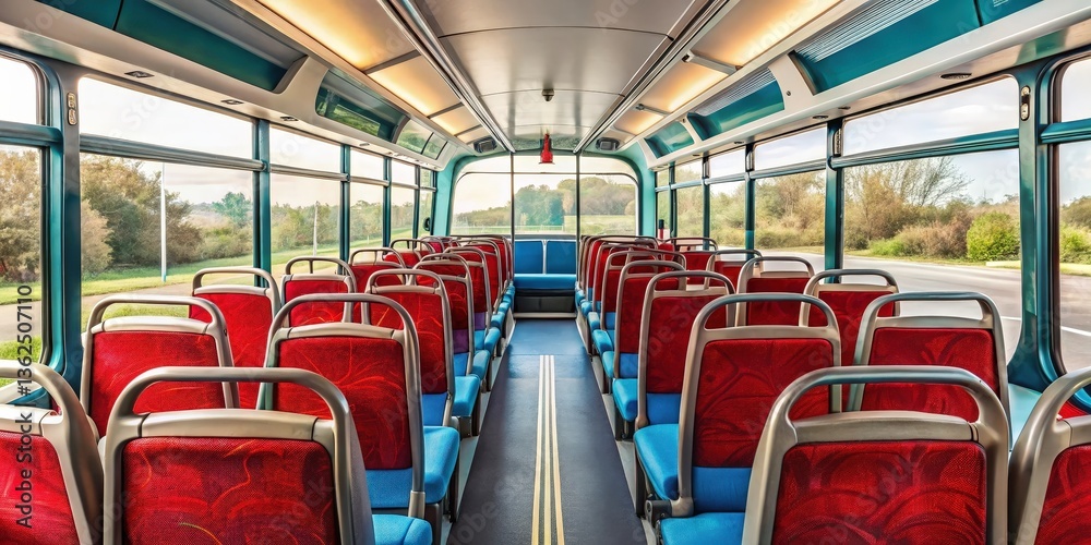 Fototapeta premium Empty bus seats with red upholstery and blue accents, offering a glimpse of the natural scenery through the large windows.