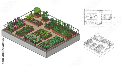 Detailed garden layout design featuring plants and vegetables in flat vector art