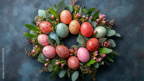Easter wreath with pastel eggs, eucalyptus, and flowers on a textured blue background