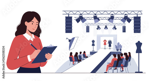Fashion show scene with model and audience in minimal vector art style