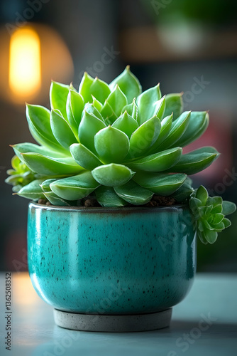 Echeveria succulent plant in a blue ceramic pot