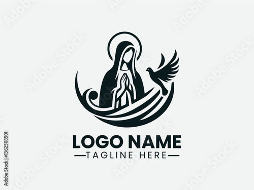 Mary with Dove in Flight Religious Icon Logo Design, Religious Mary Dove Logo