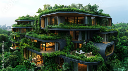 Eco-friendly building with green roofs and plant-covered walls in a lush, natural setting