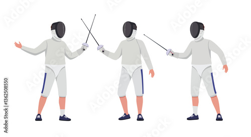 Fencing athlete in action showcasing movements in flat vector illustration