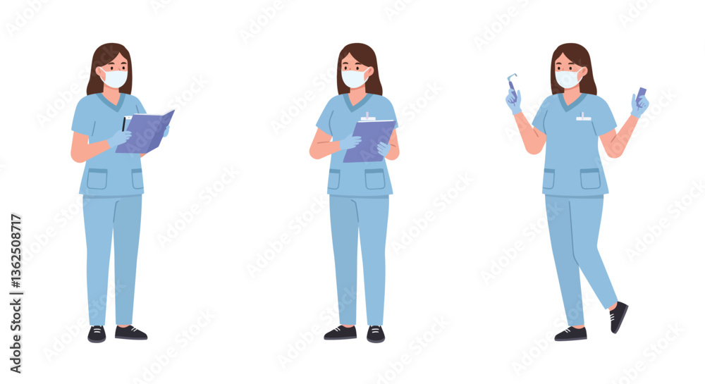 Fototapeta premium Medical professional in three poses demonstrating tasks in flat vector illustration style