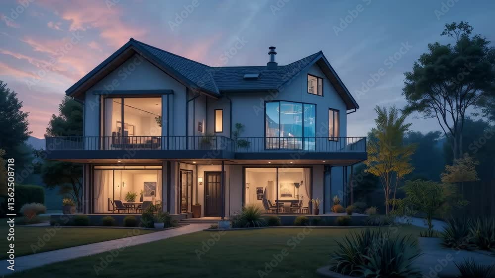 Luxurious Modern Two Story House at Dusk with Stunning Evening Sky Luxurious Modern Two Story House at Dusk with Stunning Evening Sky