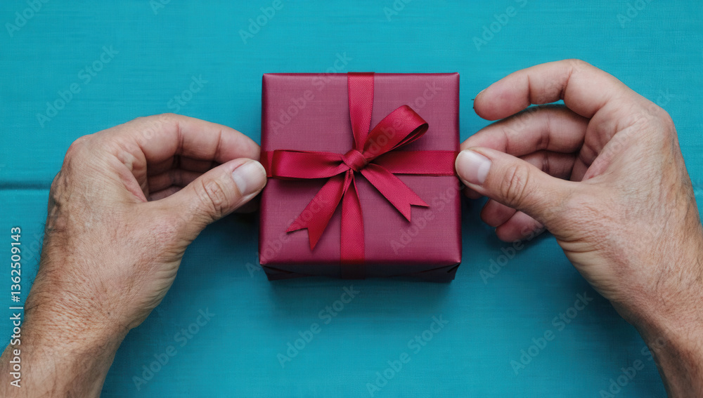 Hands unwrap a beautifully wrapped gift with a red bow, against a vibrant teal background Hands unwrap a beautifully wrapped gift with a red bow, against a vibrant teal background