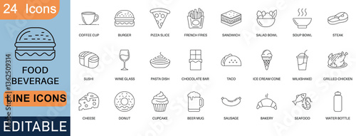 A collection of 24 editable food and beverage line icons, including burger, pizza, coffee, sushi, pasta, steak, seafood, dessert, drinks, and more. Perfect for menus, restaurants, and digital designs.