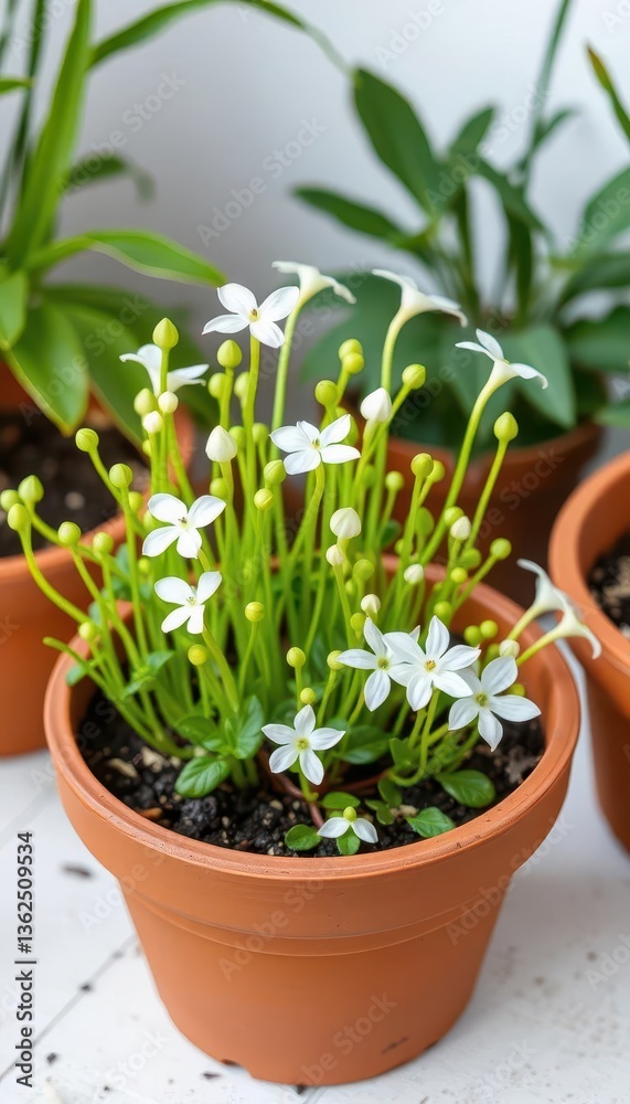 Vibrant green sprouts & white blooms in terracotta pot, color, design, garden Vibrant green sprouts & white blooms in terracotta pot, color, design, garden