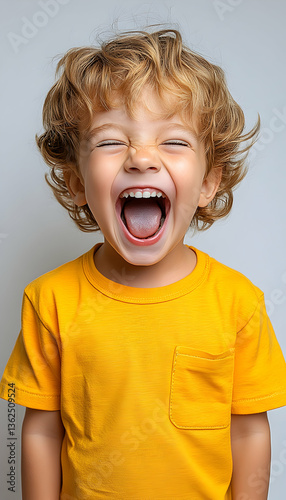 Ecstatic boy shouting, golden hair, wearing yellow top, eyes closed