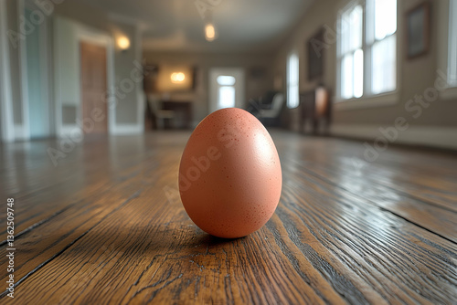 Egg stands on wood floor; blurred room