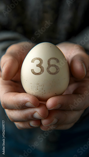 Egg with number 36 held gently in person's hands, against an indistinct gray and blue background
