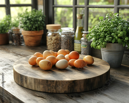 Eggs on a wooden board Rustic kitchen scene with herbs and jars on a counter by a window