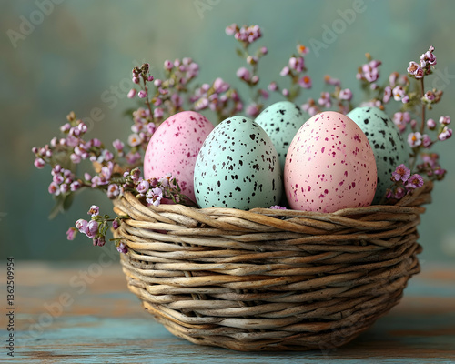 Eggs with pink flowers in a woven nest, atop distressed wood
