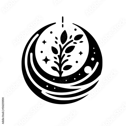 A minimalist illustration depicting a crescent moon enclosing a stylized plant with leaves and stars, symbolizing growth and celestial harmony against a stark white background.