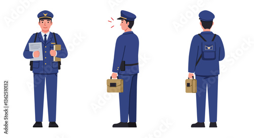 Postal worker in uniform holding letters and box in flat vector art style