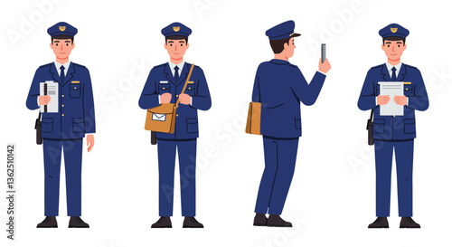 Police officer character design in flat style showcasing different poses and actions vector illustration