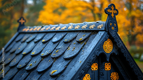 Elaborate roof detail with ornate gold accents, autumn foliage