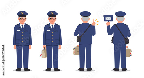 Postal worker showcasing different poses in detailed flat vector illustration