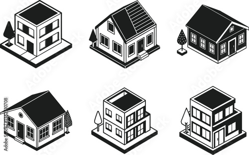 Isometric House Collection – Silhouette Vector Illustration