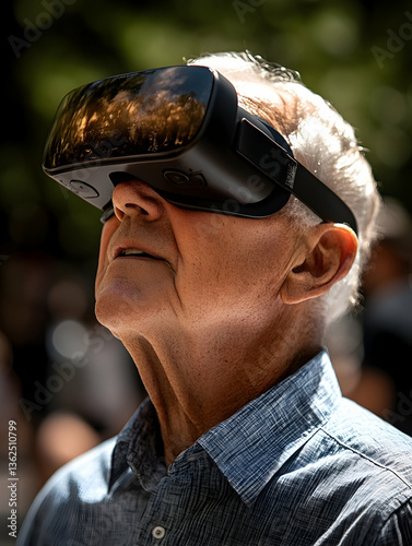 Elderly man explores VR, outdoors, wearing glasses and a light blue button-up shirt