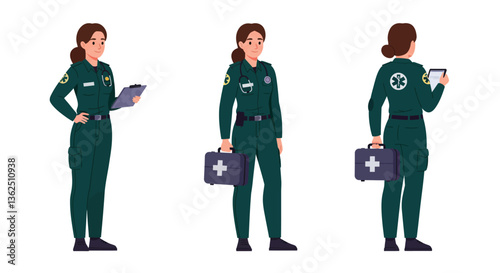 Emergency medical technician in green uniform detailed vector illustration
