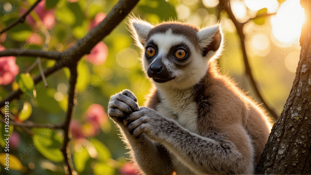 Obraz premium Two lemurs are sitting on a tree branch, one of them is eating a leaf