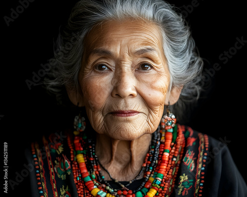 Elderly woman with gray hair and vibrant jewelry against a dark backdrop