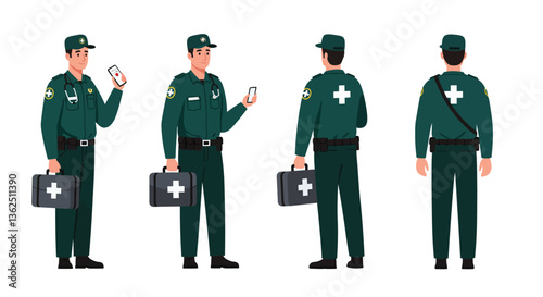 Medical responder character in various poses with flat design style vector illustration