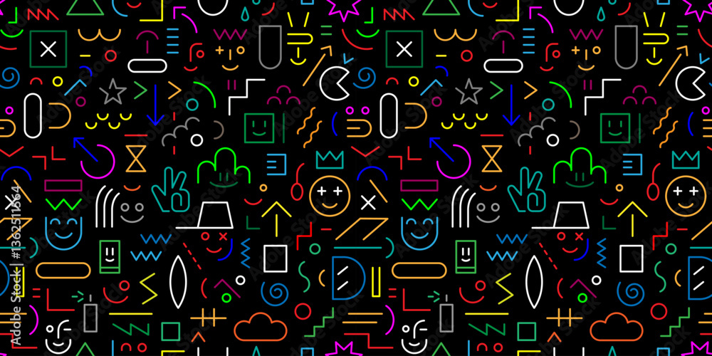faces of children computer game funny creative lines figures seamless vector pattern multicolored background faces of children computer game funny creative lines figures seamless vector pattern multicolored background