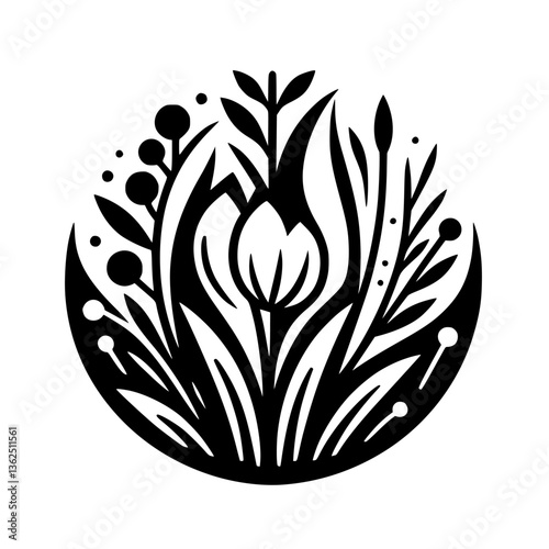 Stylized Black and White Floral Emblem: A symmetrical arrangement of tulip, leaves, berries, and grass-like elements, enclosed within a circular frame, suggesting elegance and a minimalist design.