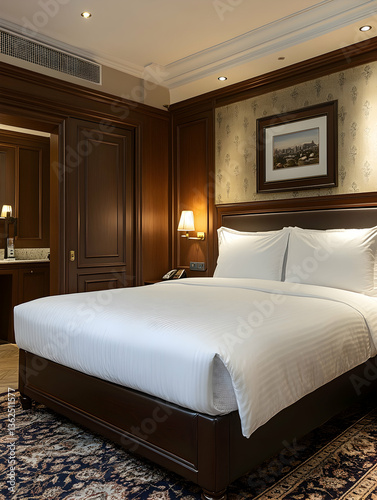 Wallpaper Mural Elegant bedroom with dark wood panels, patterned wallpaper, and plush white bedding Torontodigital.ca