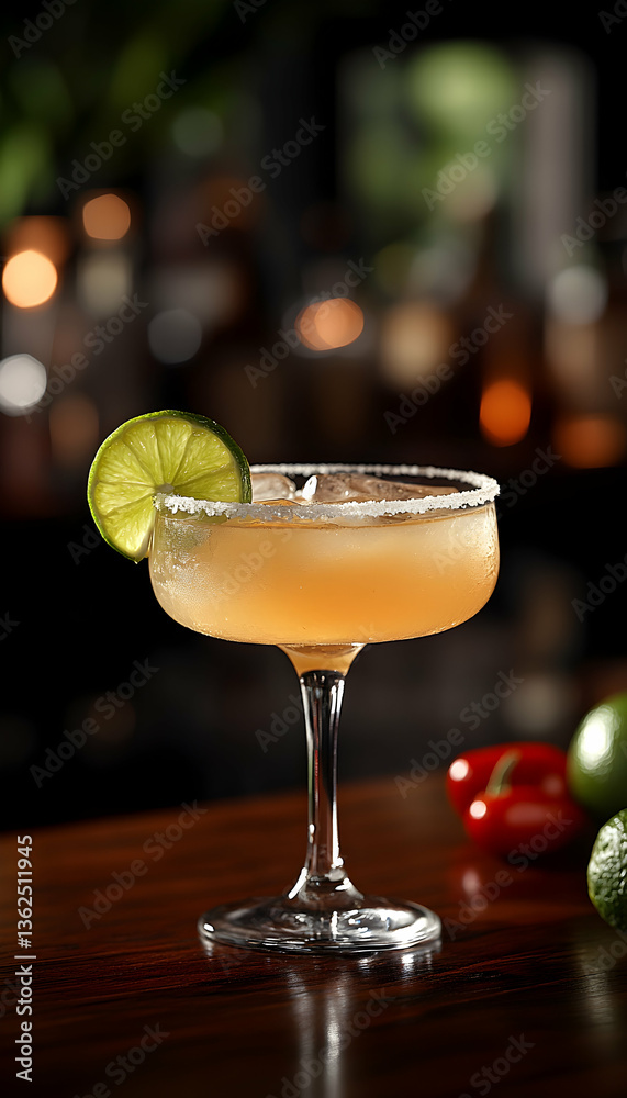 Elegant cocktail with lime garnish on a wooden bar top in a moody, blurred background Elegant cocktail with lime garnish on a wooden bar top in a moody, blurred background