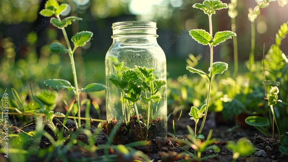 Nurturing Growth in Glass Jar Embracing Natures Beauty with Young Plants, Soil, and Sunlight in Vibrant Garden Environment for Fresh Greenery. Nurturing Growth in Glass Jar Embracing Natures Beauty with Young Plants, Soil, and Sunlight in Vibrant Garden Environment for Fresh Greenery.