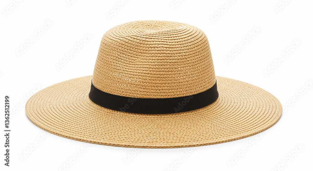 isolated Wide-brimmed straw hat with black band, summer accessory, fashion item isolated Wide-brimmed straw hat with black band, summer accessory, fashion item