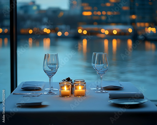 Elegant dining setup by water City lights shine softly in the background