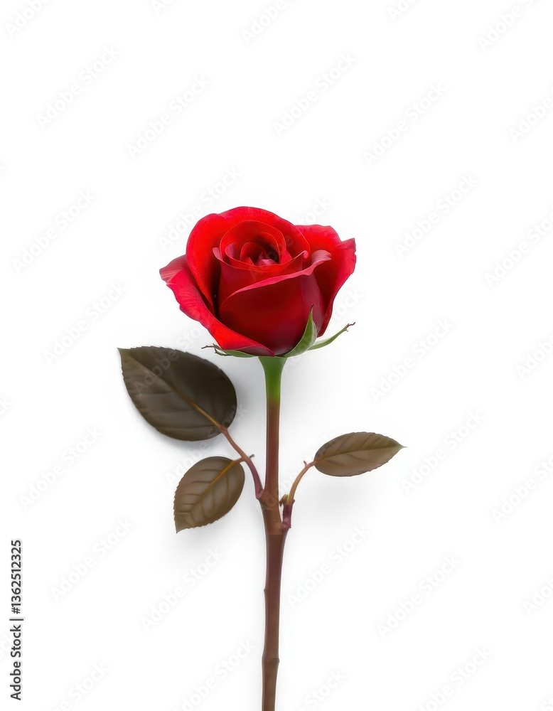 Fototapeta premium A single, perfect red rose, petals unfurled, isolated on pure white, celebration, anniversary
