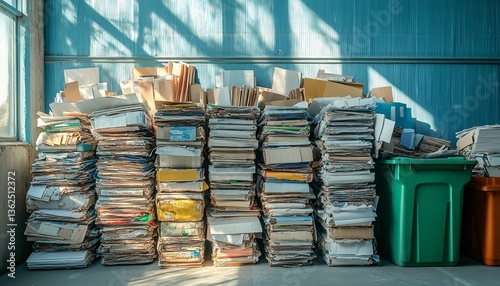 Varied paper types arranged in a stacked composition promoting sustainability and environmental responsibility through recycling practices. Recycle.