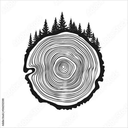 Round tree trunk cut with trees and forest. Sawn pine or oak slice, lumber. Saw cut timber, wood. Brown wooden texture with tree rings. Hand drawn sketch. Vector illustration