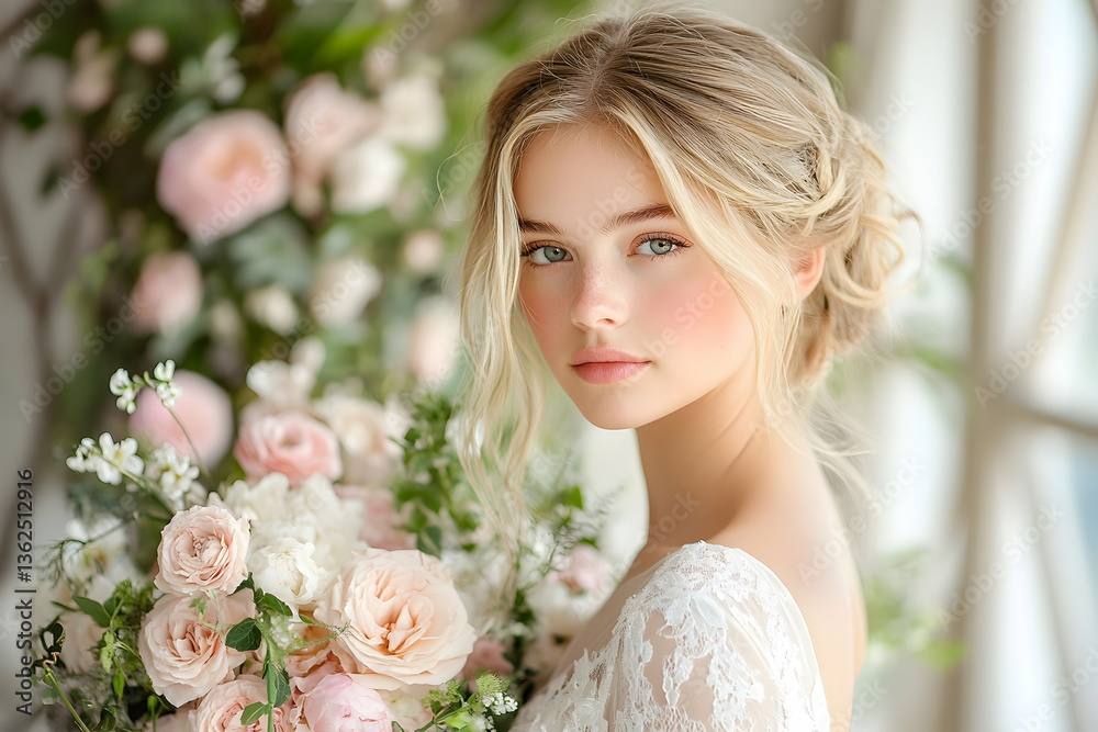 Obraz premium Elegant woman in floral dress poses with pink roses, soft lighting