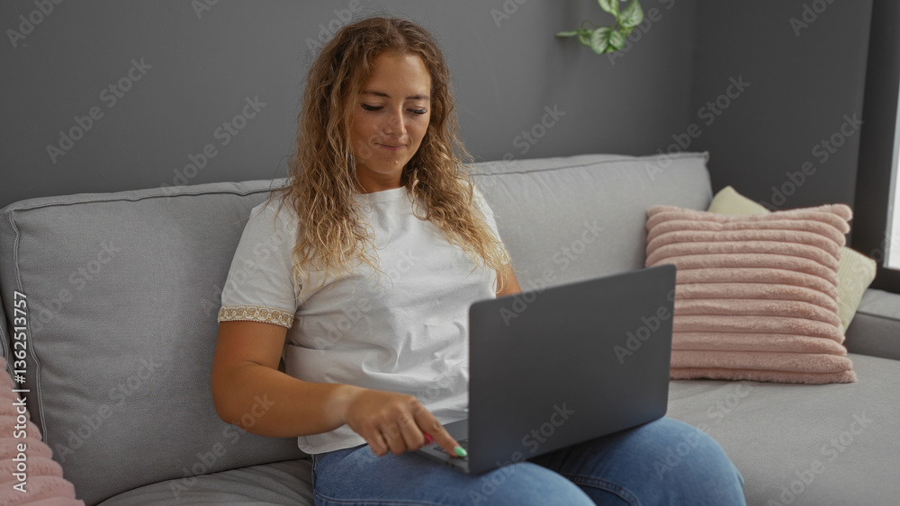 © Krakenimages.com - Woman working on a laptop in an apartment living room, showcasing a young hispanic female in a comfortable home environment with attractive, modern interior decor and cozy ambiance.
