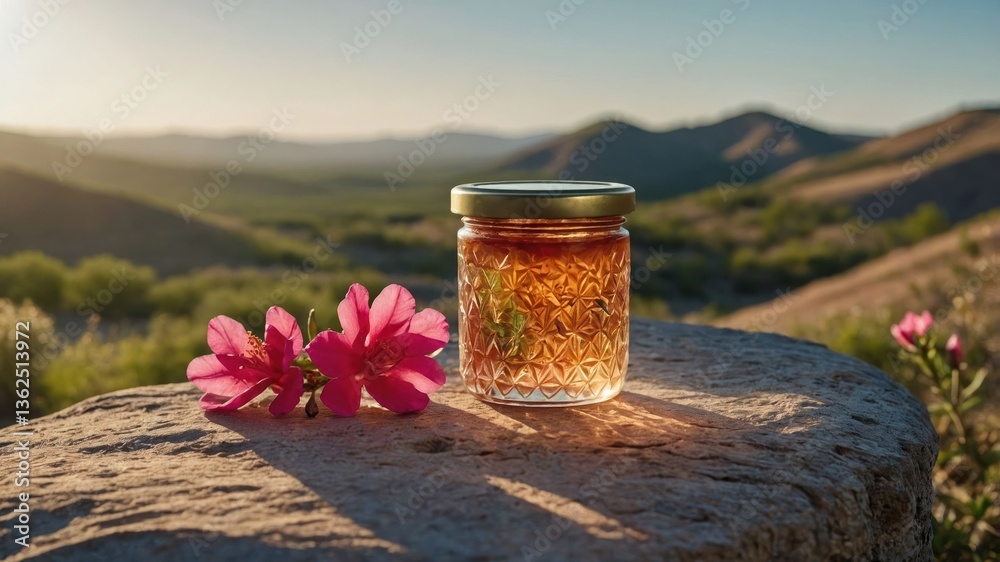 A jar of honey sits on a rock, surrounded by flowers and a scenic mountain landscape. A jar of honey sits on a rock, surrounded by flowers and a scenic mountain landscape.