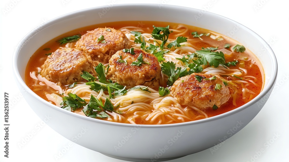 Delicious Meatball Noodle Soup in a White Bowl Garnished with Parsley Delicious Meatball Noodle Soup in a White Bowl Garnished with Parsley