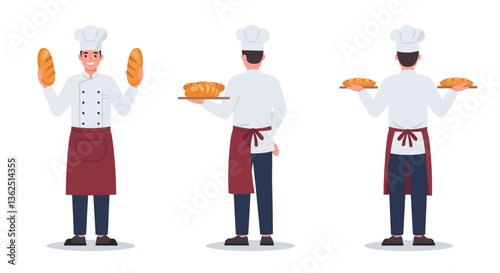 Chef holding bread and serving pastries in minimal vector art style vector illustration
